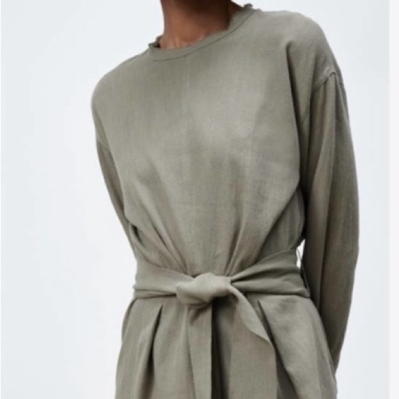 ZARA Linen Blend Midi Dress with Tie Belt Size Large Khaki - Picture 5 of 5
